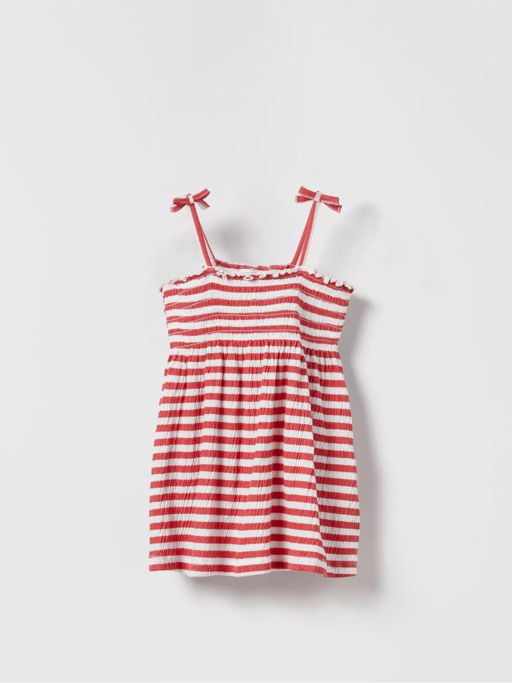 Zara -PRINTED DRESS WITH SMOCKING Striped Red and White Sundress with Bow Straps